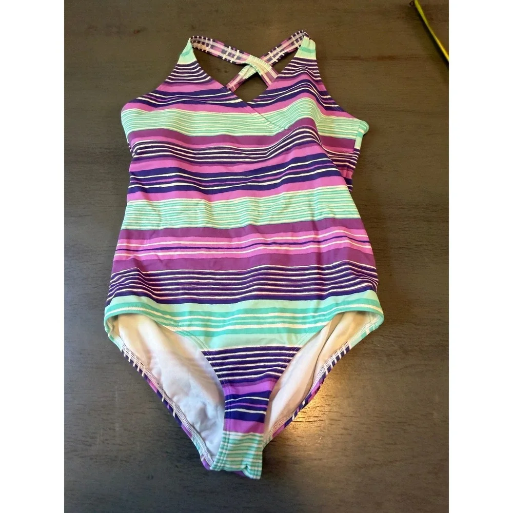 Lands End Kids Girls One Piece Swimsuit Size 14 Purple Teal Striped Crossback